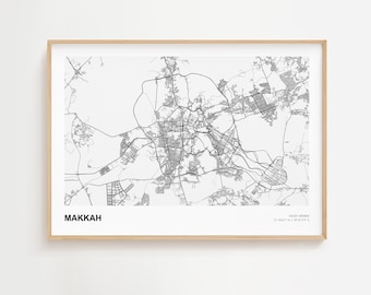 Makkah Landscape Map Print, Makkah Saudi Arabia Modern Map Poster, Makkah Art Print, Makkah Travel Gift, Makkah City Map, Makkah Road Map