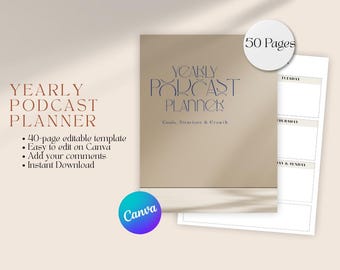 Planer podcastów: edytowalny skoroszyt Canva i kalendarz treści (do pobrania w wersji cyfrowej)