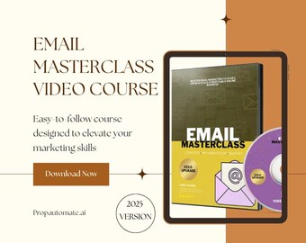 May include: An email marketing video course titled "Email Masterclass" is displayed on a tablet. The course includes a book, a CD, and the text "Download Now." The design is in shades of brown, gold, and purple.