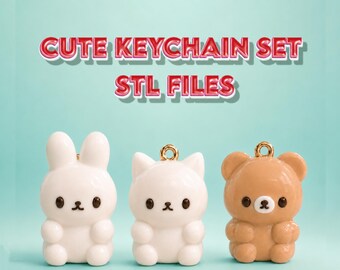 Kawaii Keychain STL Bundle – 3D Printable Cat, Bear, Bunny Charms -Digital Download