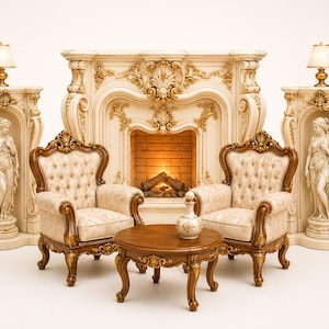 Juego de muebles de salón para casa de muñecas victoriana / Chimenea, sillas, estatuas (escala 1:12) (descarga digital)