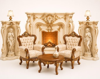 Victorian Dollhouse Living Room Furniture Set | Fireplace, Chairs, Statues (1:12 Scale) (Digital Download)