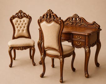 Baroque / Rococo Desk and Chair STL – 1:12 Dollhouse Miniature Furniture Set – Writing Desk 3D Print File – FDM Optimized