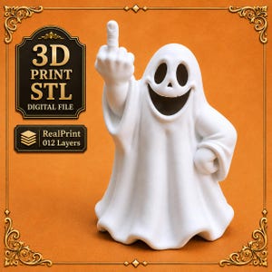 May include: A white 3D printed ghost figurine with a wide smiling mouth and hollow eyes, raising one hand with the middle finger extended. The image includes text reading 3D PRINT STL DIGITAL FILE and RealPrint 012 Layers on an orange background.