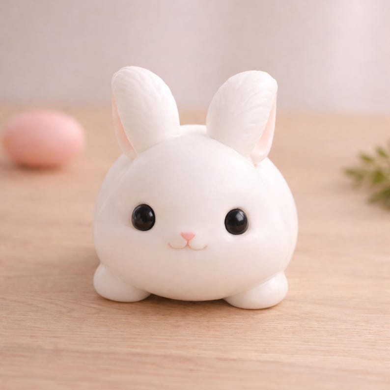 May include: A white ceramic bunny figurine with large black eyes and a pink nose and mouth. The bunny has large ears and is sitting on a wooden surface. The figurine is a cute, decorative item.