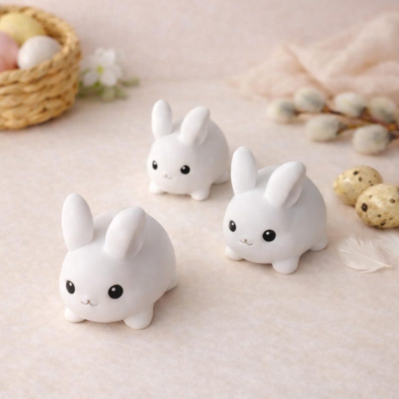 May include: Three white ceramic bunny figurines with black eyes and small smiles are arranged on a light-coloured surface. The bunnies have rounded bodies and upright ears. Easter-themed decor.