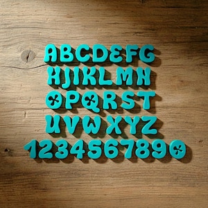 May include: Turquoise alphabet letters and numbers on a wooden background. The letters A to Z and numbers 1 to 9, plus a symbol, are arranged in rows. The font is rounded and playful.