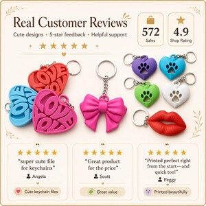 Puede incluir: Una colecci&oacute;n de llaveros coloridos que incluye dise&ntilde;os en forma de coraz&oacute;n con el texto LOVE YOU, un lazo rosa, corazones con huellas de patas recortadas y un dije en forma de labios rojos, junto a texto con rese&ntilde;as y valoraciones.