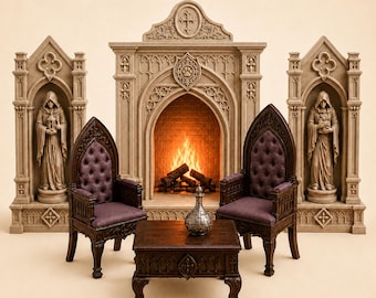 Gothic Room Set STL | 1:12 Scale Dollhouse Furniture | Fireplace, Statue Niches, Chair, Table & Decanter | FDM 3D Print Files