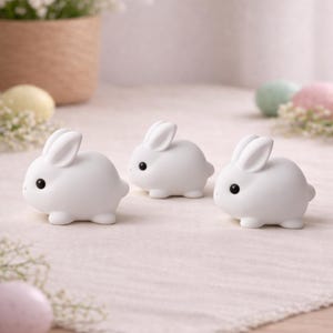 May include: Three small, white bunny figurines with black eyes sit on a cream-coloured surface. The bunnies have rounded bodies and upright ears, suggesting a springtime or Easter theme. Decorative eggs and flowers are in the background.