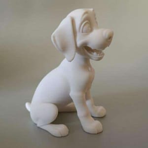 May include: A white, seated dog figurine with a friendly expression. The dog has large, floppy ears, a smiling mouth, and is posed with its front paws extended. The figurine is made of a smooth, solid material.