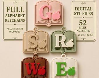 Personalized Initial Keychain STL Bundle – Book & Apple Letter 3D Print Files