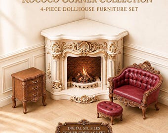 Victorian Rococo Corner Fireplace  Set, Dollhouse Furniture 1:12