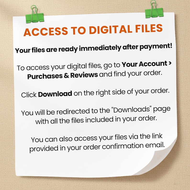 Puede incluir: Una nota de papel blanco sujeta por dos clips verdes con el texto naranja ACCESS TO DIGITAL FILES y texto negro que explica c&oacute;mo acceder a los archivos mediante Your Account, Purchases & Reviews, el bot&oacute;n Download y el correo de confirmaci&oacute;n.