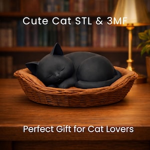 May include: A black cat figurine resting in a woven basket. The cat is curled up, appearing asleep. The text "Cute Cat STL & 3MF" is at the top, and "Perfect Gift for Cat Lovers" is at the bottom.