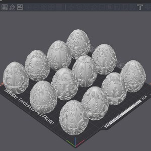 May include: A collection of twelve decorative, gray Easter eggs. Each egg features a unique, ornate floral and scrollwork design. The eggs are arranged on a black textured surface, perfect for Easter decor or crafting projects.