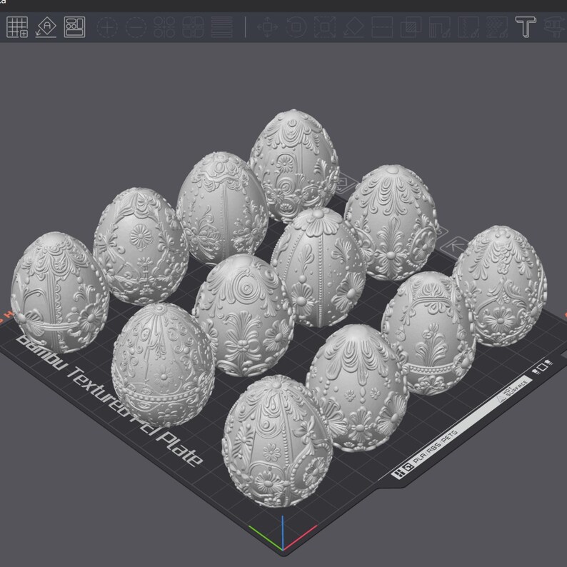 May include: A collection of twelve decorative, gray Easter eggs. Each egg features a unique, ornate floral and scrollwork design. The eggs are arranged on a black textured surface, perfect for Easter decor or crafting projects.