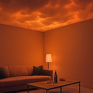 May include: An interior room with orange walls and a ceiling painted to resemble a cloudy sky. A sofa, lamp, coffee table, and bottle are visible. The room is bathed in warm, orange light.