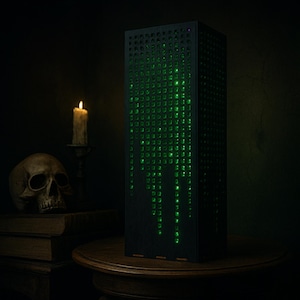 Könnte beinhalten: Ein schwarzer, rechteckiger Turm mit einem Gitter aus kleinen Löchern, beleuchtet von grünen Lichtern. Die Lichter erzeugen ein kaskadierendes Muster, das an digitalen Code erinnert. Eine brennende Kerze, ein Schädel und Bücher befinden sich im Hintergrund und erzeugen ein gotisches Thema.