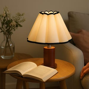 1“Wooden Pillar Pleated Table Lamp with Fabric Shade, Retro Japandi Nightstand Light for Bedroom, Living Room & Cozy Home Decor