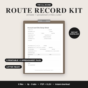 May include: The All-In-One Route Record Kit includes a printable Account and Site Setup Sheet on a clipboard. The document features fields for account details, service addresses, equipment items, and pool or spa information. It includes 8 files.