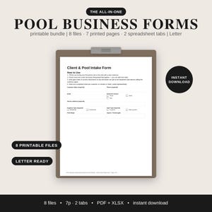 Puede incluir: Un paquete digital de formularios para negocios de piscinas en un portapapeles, con el texto THE ALL-IN-ONE POOL BUSINESS FORMS, printable bundle, 8 files, 7 printed pages, 2 spreadsheet tabs, Letter, Client & Pool Intake Form e INSTANT DOWNLOAD.