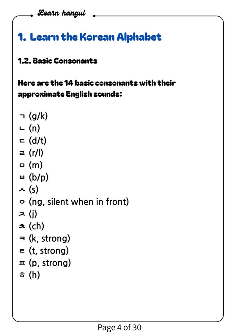 Puede incluir: Una p&aacute;gina de una gu&iacute;a de aprendizaje del idioma coreano. El t&iacute;tulo es "Aprende el alfabeto coreano". La p&aacute;gina enumera 14 consonantes b&aacute;sicas con sus sonidos ingleses aproximados, s&iacute;mbolos y pronunciaciones.
