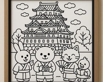 Livro de colorir da cultura japonesa: animais kawaii, templos, Monte Fuji (PDF)