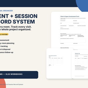 May include: A digital professional organiser client and session record system featuring a Client and Space Assessment Form, a Room-by-Room Project Plan, and a Session Log. The document set includes PDF forms and XLSX workbooks for project tracking.