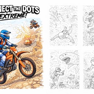 Puede incluir: Ilustración de un libro de actividades 'Connect the Dots Extreme!'. La portada muestra a una persona en una moto naranja, un paracaidista y otras escenas de acción. El lado derecho muestra varios rompecabezas de conectar los puntos.