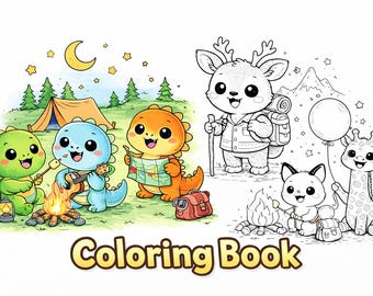 Cute Camping Animals Coloring Book for Kids and Adults | Adorable Dinosaur & Forest Animal Coloring Pages | Relaxing Printable Coloring Book