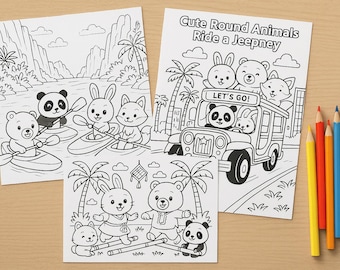 May include: Three coloring pages featuring cute cartoon animals. One shows animals kayaking, another depicts them in a jeep, and the third has them playing. The text "Cute Round Animals Ride a Jeepney" is visible. Colored pencils are arranged on the side.