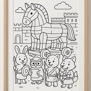 May include: Black and white illustration of the Trojan Horse with cartoon animal characters. The artwork features a large wooden horse on wheels, a castle backdrop, and several anthropomorphic animals holding weapons and shields.