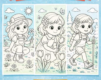 Libro para colorear de una linda niña para niños / Páginas para colorear de naturaleza y aventura / Libro para colorear imprimible en PDF