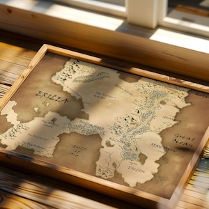 Könnte beinhalten: Eine rechteckig gerahmte Karte des fiktiven Kontinents Erilea auf sepiafarbenem Pergamentpapier mit schwarzen Tuschezeichnungen von Gebirgen, Wäldern und Küstenlinien, beschriftet mit geografischen Namen wie Adarlan, Fenharrow und Zylliew.