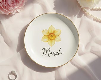 Personalized Birth Month Flower Ceramic Trinket Dish, Custom Jewelry Tray.