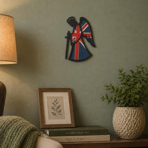 Union Jack Guardian Angel Wall Art, Layered Wooden British Angel Decoration, Patriotic Home Décor, Handmade UK Gift