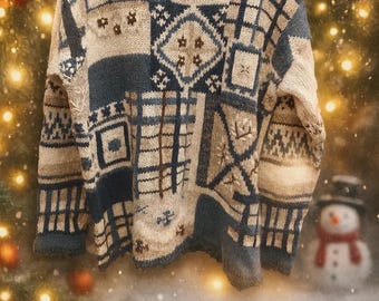 Vintage 90s Tiara International Patchwork Sweater – Blue Beige Knit Jumper – Size M