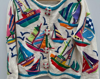 Vintage Michael Simon Sailboat Cardigan | 1990s Art to Wear Knit | Nautical Novelty Sweater | Coastal Statement Cardigan