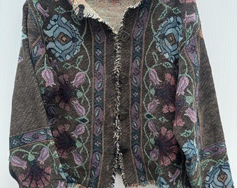 Vintage Ann Maurice Tapestry Jacket | 90s Floral Woven Cardigan | Boho Artsy Jacket | Cropped Tapestry Top