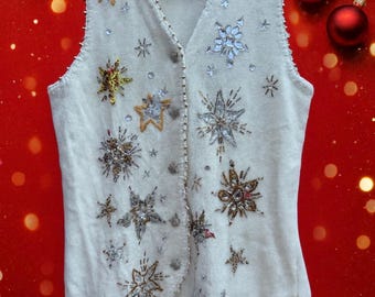 1995 Michael Simon Beaded Star Vest | 90s Embellished Knit Cardigan | Medium