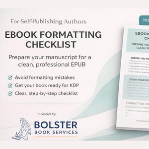 Puede incluir: Una lista de verificación de formato de libros electrónicos con el título "EBOOK FORMATTING CHECKLIST" y el texto "Prepare su manuscrito para un EPUB limpio y profesional". La lista de verificación incluye consejos para evitar errores de formato y preparar su libro para KDP.