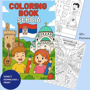 Libro da colorare sulla Serbia per bambini da stampare | Pagine da colorare in PDF con luoghi, cultura e animali | Scarica il libro da colorare