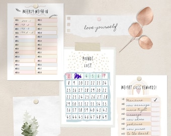 Boho Rastreador de pérdida de peso pesaje semanal sistema de recompensas motivación salud fitness wls vsg bypass de manga gástrica DESCARGA DIGITAL IMPRIMIBLE