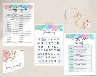 Rastreador de pérdida de peso pesaje semanal recompensas IMPRIMIBLE DIGITAL DESCARGA sistema motivación salud fitness wls vsg manga gástrica acuarela