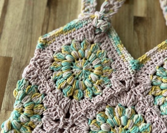 Sweet Succulent Granny Square Crochet Tote Bag Boho Cute Purse hippie