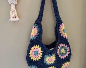 Denim Blue Granny Square Crochet Hobo Tote Bag Boho Cute Purse hippie