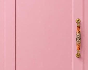 Orange Ceramic Cabinet Handle, Gold Drawer Pull, Rustic Porcelain Furniture Hardware, Vintage Kitchen Cabinet