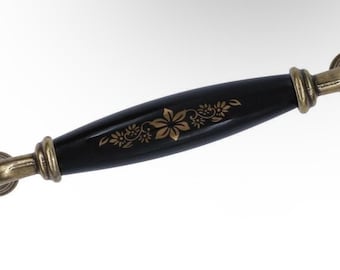 Classic Floral Porcelain Drawer Handle with Antique Brass Ends – Black Cabinet Pull