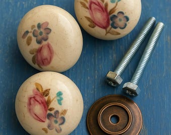 Vintage Floral Ceramic Knob – Crackle Glazed Bronze Base, Antique Style